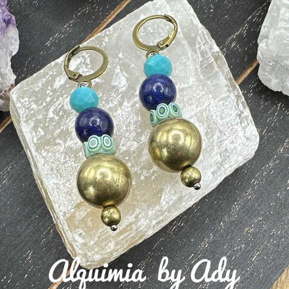 Bon bon maximalist dangle lapis brass earrings - Picture 1 of 1